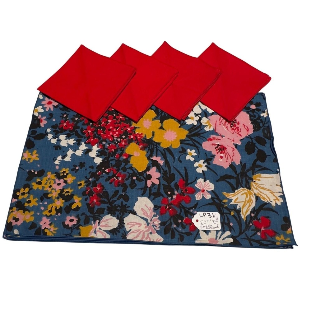 Floral Placemats and Red Napkins Set of 8 Blue Pink Yellow Botanical Table Decor